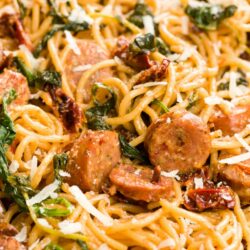 Spaghetti with Sun-Dried Tomatoes, Sausage, and Spinach