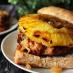 Chicken Teriyaki Burgers with Caramelized Onions & Grilled Pineapple