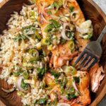 Miso Butter Salmon with Sizzled Scallion Salsa Verde