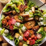 Crispy Italian Chicken and Bacon Salad with Pesto Tahini Dressing and Sourdough Croutons